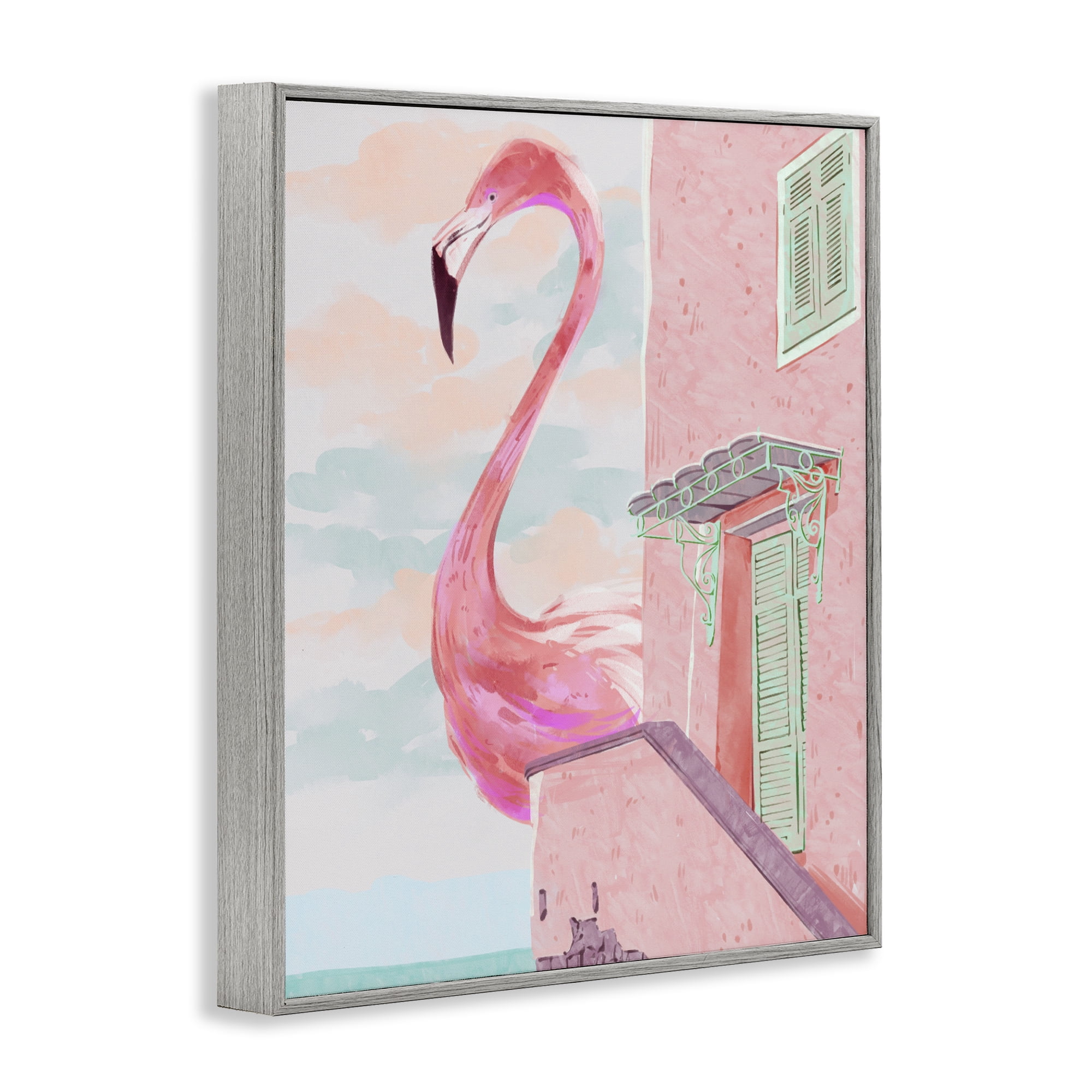 Stupell Industries Giant Flamingo with Seaside Balcony Gray Framed Giclee Art, design by Ziwei Li