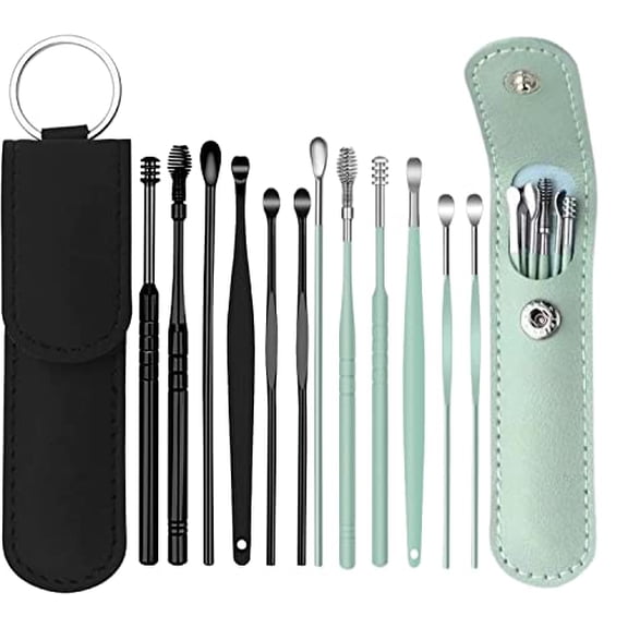 12 Pcs Ear Pick Earwax Removal Kit,Ear Cleaning Tool,Stainless Steel Earwax Removal Tool with Leather Storage Box (Black&Green)