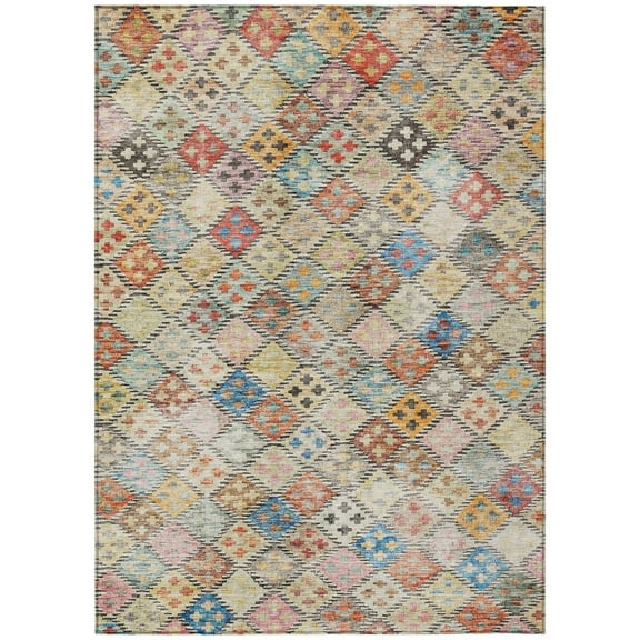 8' X 10' Terra Cotta Beige And Teal Blue Geometric Washable Indoor Outdoor Area Rug