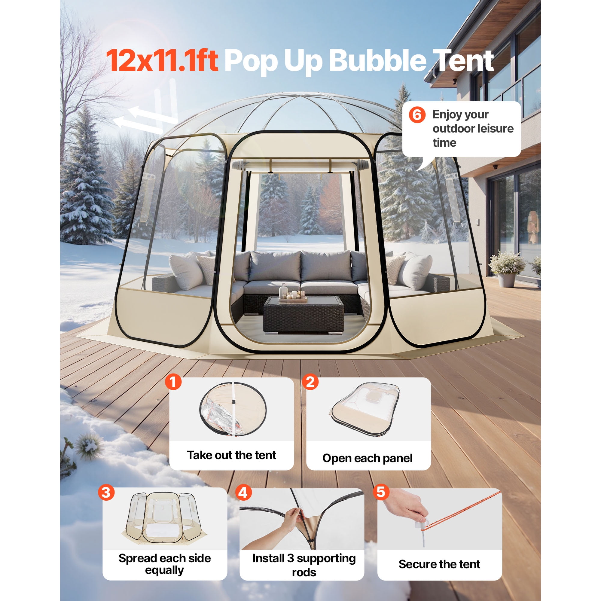 KFFKFF Pop-Up Clear Bubble Tent, 12 x 11.1 ft Waterproof & UV-Resistant Outdoor Dome, Transparent Camping Shelter with Windows, 540° Panoramic View, Fits 10-12 People for Patio or Backyard Use