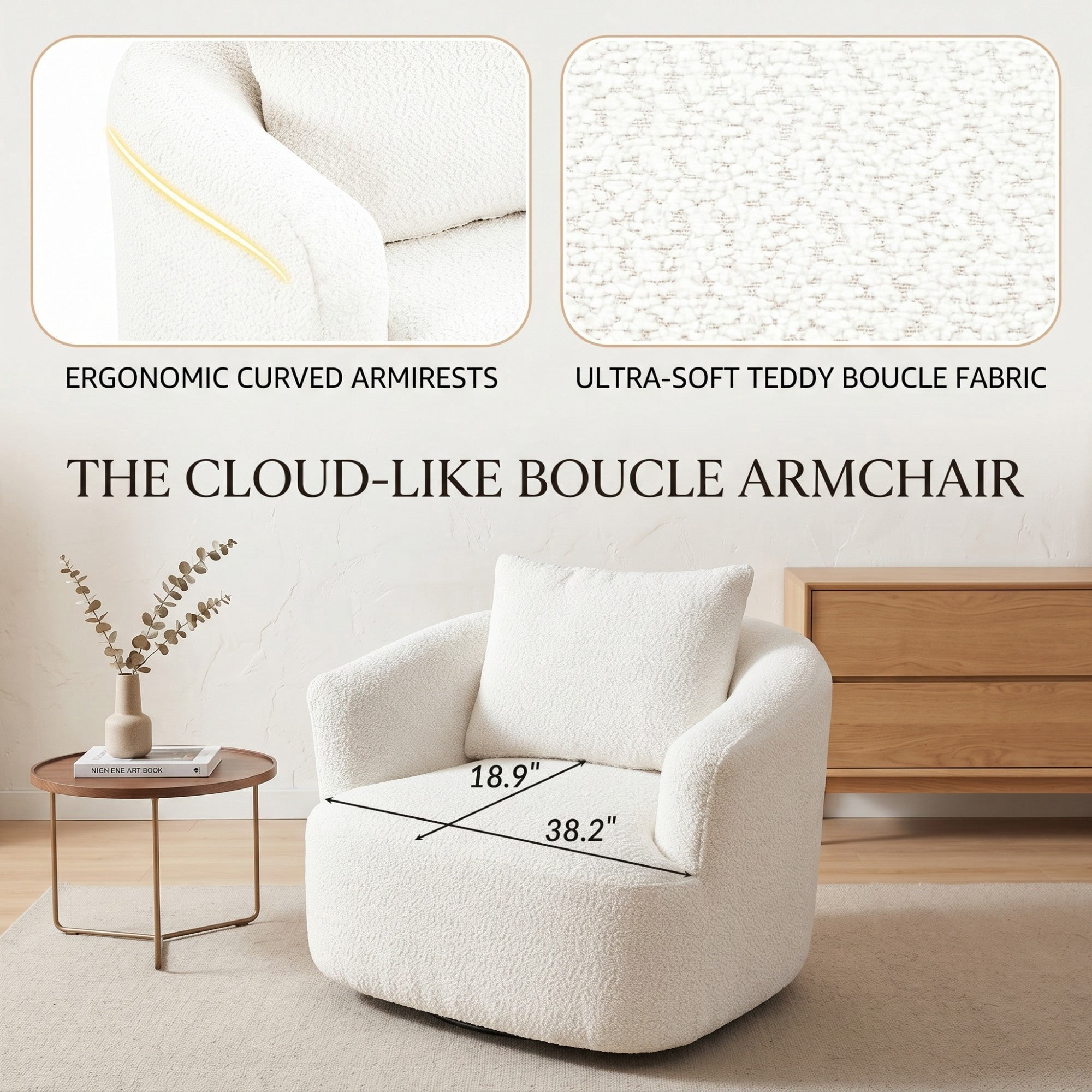 Sailvan 38.2" Swivel Accent Chair, Boucle Upholstered 360 Degree Barrel Sofa with Pillow for Living Room Beige