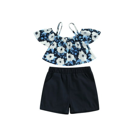 

Canrulo Infant Baby Girl Summer Outfit Clothes Sets Short Sleeve Floral Suspender Straps Tops+Solid Shorts Clothing Blue 3-4 Years