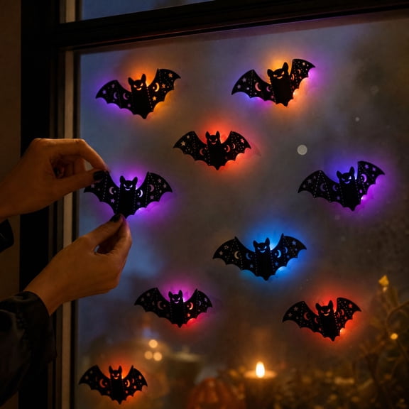 Halloween Bats Wall Decorations, Light‑Up 3D Bat Window Decals, LED Glowing Silhouette Ornaments for Indoor Outdoor Halloween Party Decor