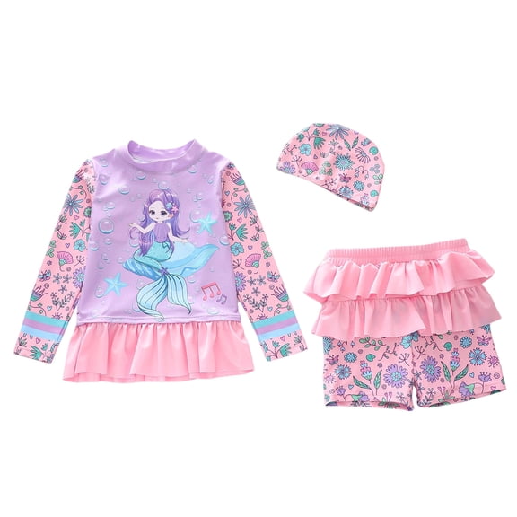 ZXLBBD Girl Swimsuits 3 Piece Long Sleeve Ruffled and Bow Tie Rash Guard Layer Shorts Swim Cap Swimwear Kids Princess Casual Beah Swimming
