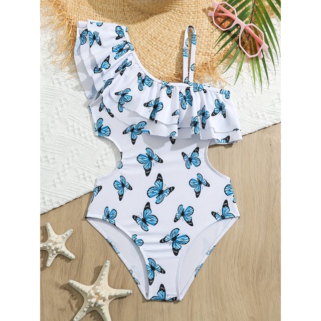 Sweet Girls Butterfly Graphic Ruffle Trim 1-piece Swimwear Bathing Suit Summer Beach Gift