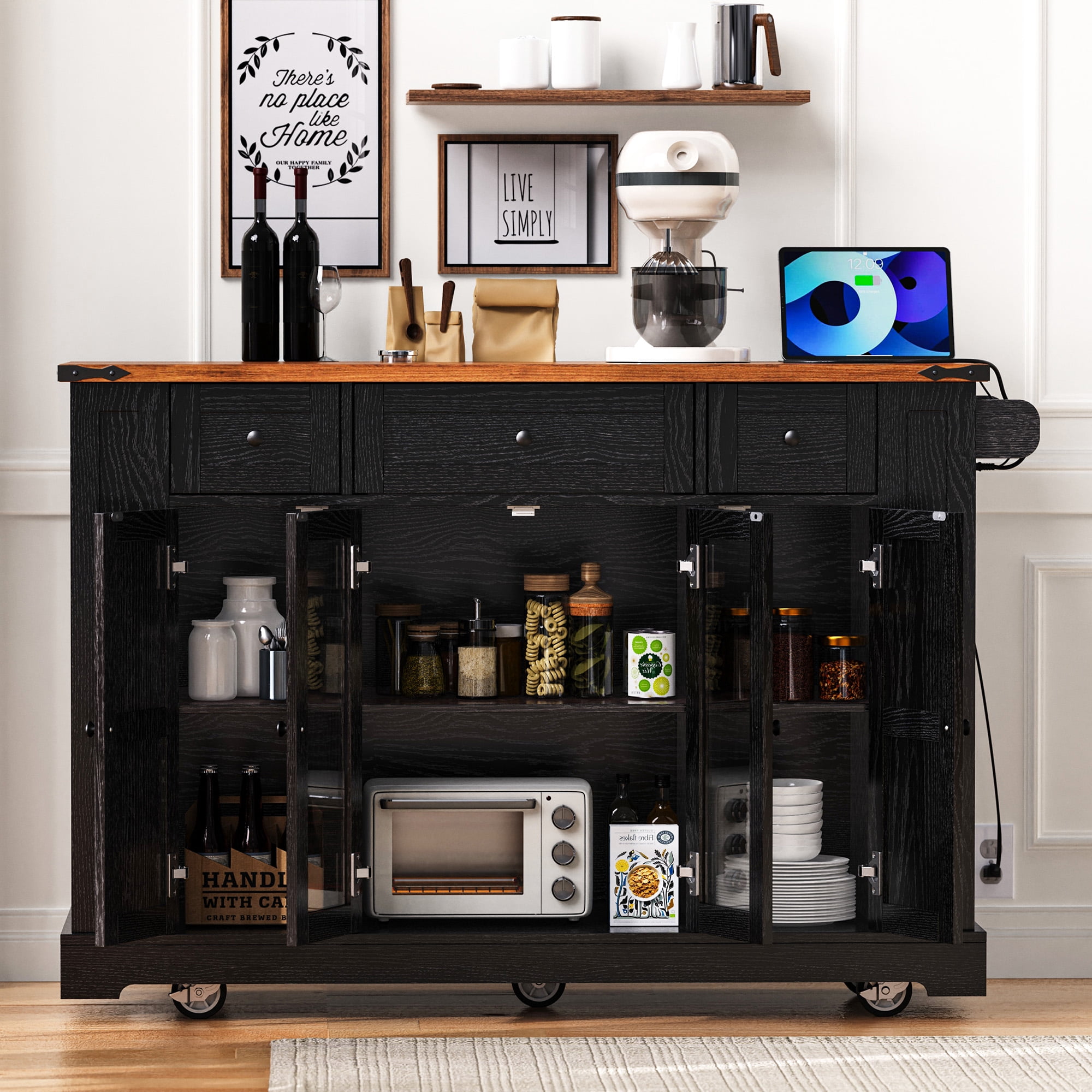 Euroco 53'' Farmhouse Kitchen Island with Two Tempered Glass Cabinet Doors，Rolling Kitchen Cart on Wheels