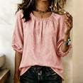 thumbnail image 2 of Womens Plus Stretch 3/4 Raglan Puff Sleeve Shirts, Ruched Round Neck Loose Fit Curved Hem Blouse for Business Casual Work Office, 2 of 5