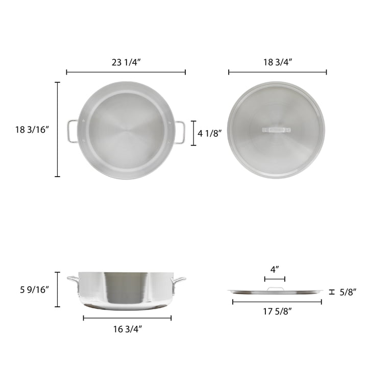 24 Quart Aluminum Brazier Pot With Lid - Commercial Grade, Mirror Finish, NSF Listed