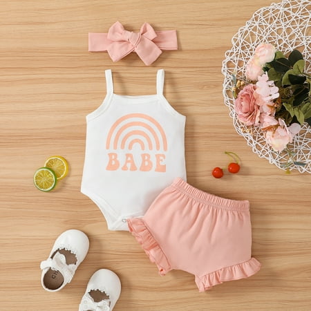 

Lamuusaa Baby Girls Shorts Set Sleeveless Rainbow Letters Print Romper with Shorts and Hairband