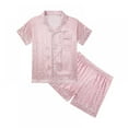 thumbnail image 1 of Summer Kids Girl Pure Color Imitate Silk Pajamas Short Sleeve Blouse Short Pants Sleepwear Suit ,5-14 Years, 1 of 9