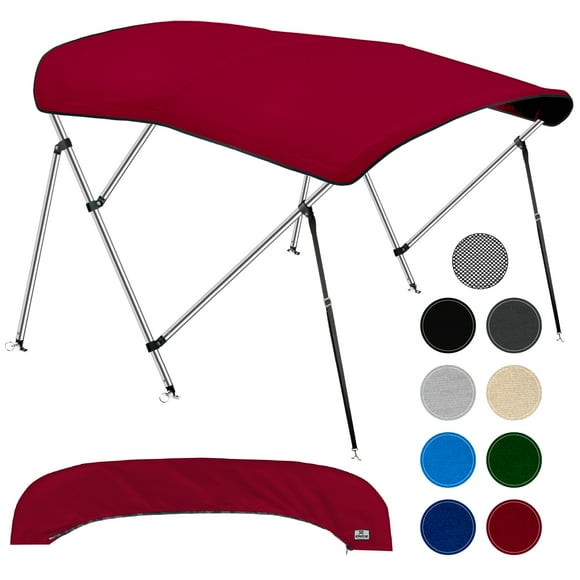KNOX 3 Bow Bimini Tops for Boats, Fadeproof, Support Poles, Storage Boot, 900D Marine Canvas, Sun Shade Boat Canopy, Universal Boat Cover For Pontoon, V-Hull, Fishing, Bass Boat 73-78", Burgundy