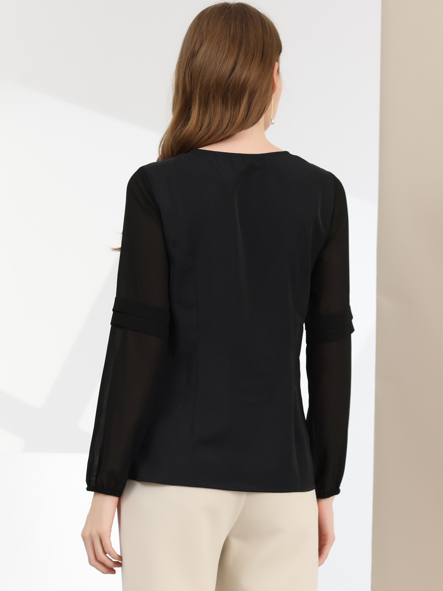 DARING DIVA Chiffon Semi Sheer Long Sleeves Keyhole Neck Blouse XS Black