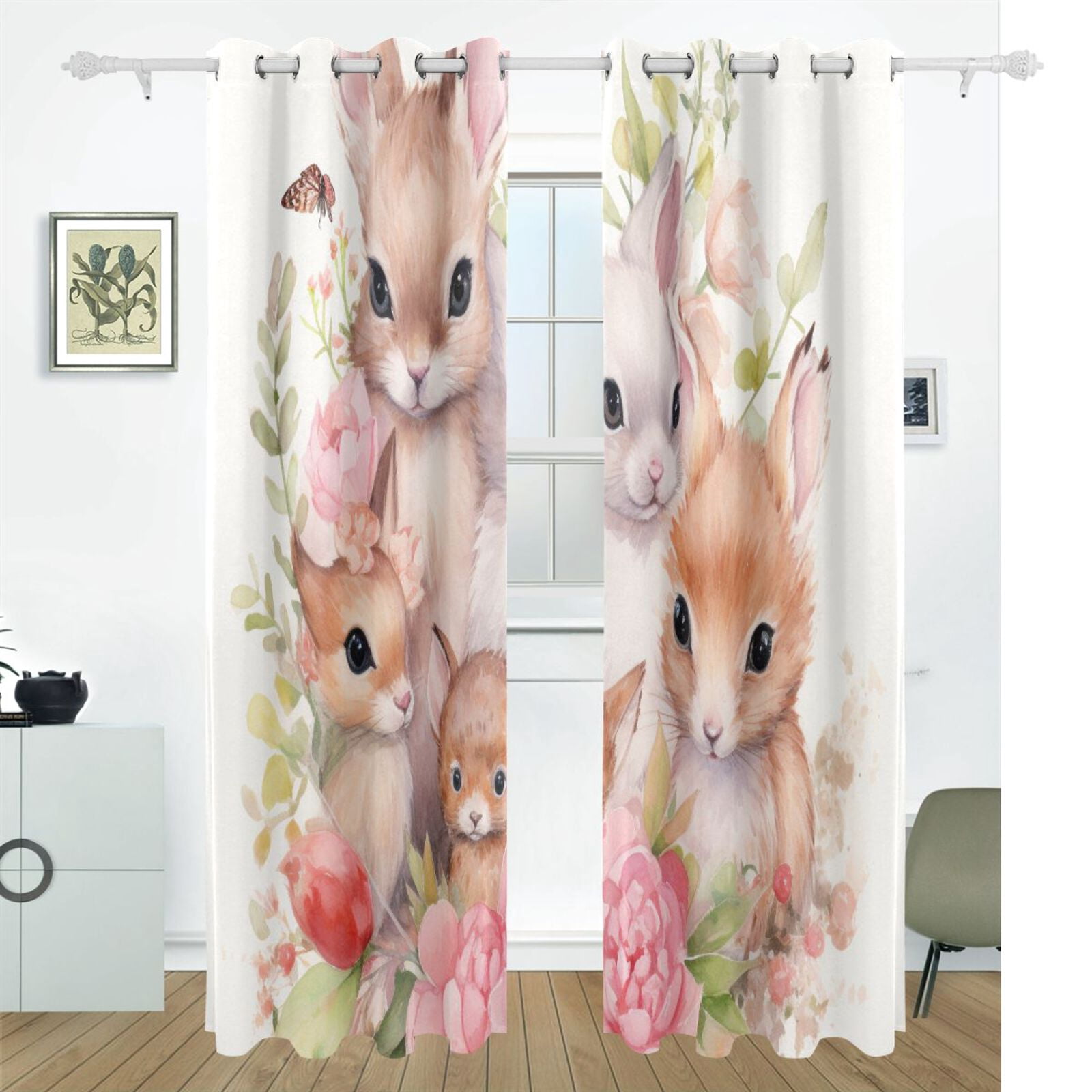 Rabbits Flowers Leaves Black Out Curtains 72 Inch Length Curtains for Sliding Glass Doors Bedroom Living Room 2 Pack