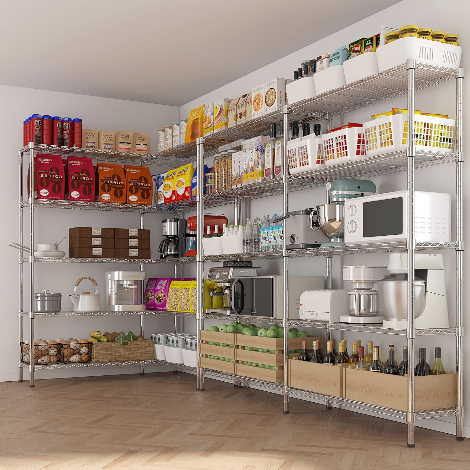 Ktaxon 1500LBS Heavy Duty Wire Shelving, 5-Tier Extra-wide Metal Shelves, Steel Garage Storage Rack, Adjustable DIY Commercial Shelving for Pantry Storage Organizer, 58"W x 13.8"D x 71"H,Chrome