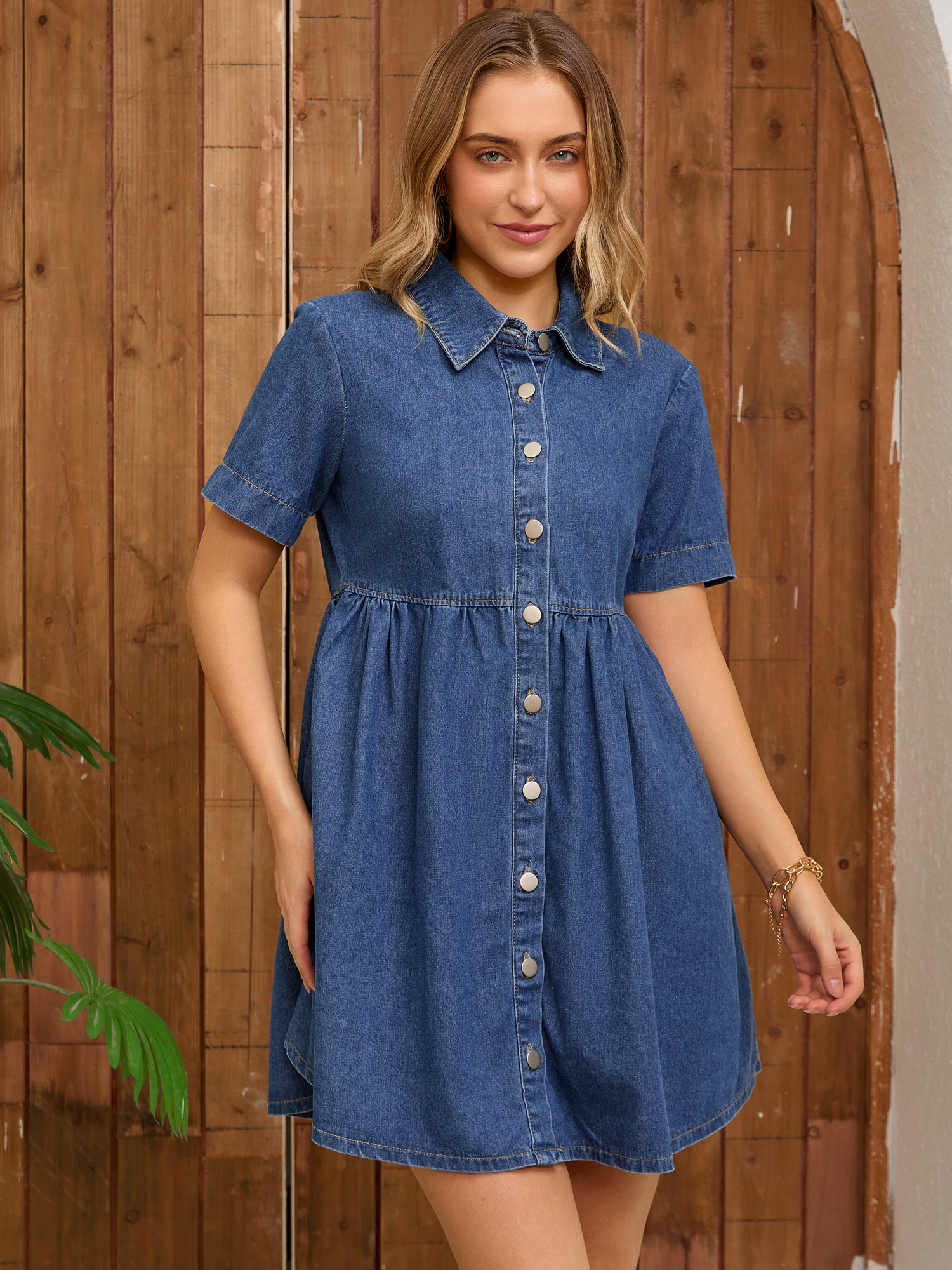 DARING DIVA Women's Denim Babydoll Collared Short Sleeve Button Down Dress M Blue