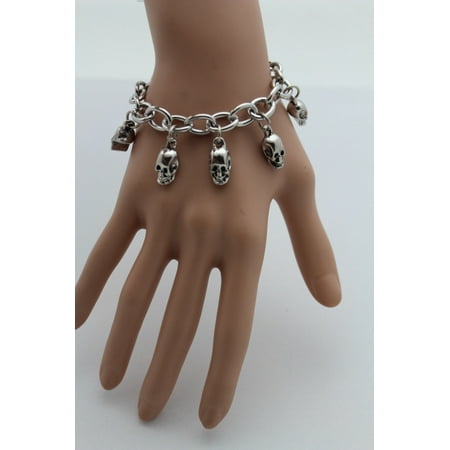 Women Silver Bracelet Fashion Jewelry Metal Hand Dangle Skull Charm Skeleton