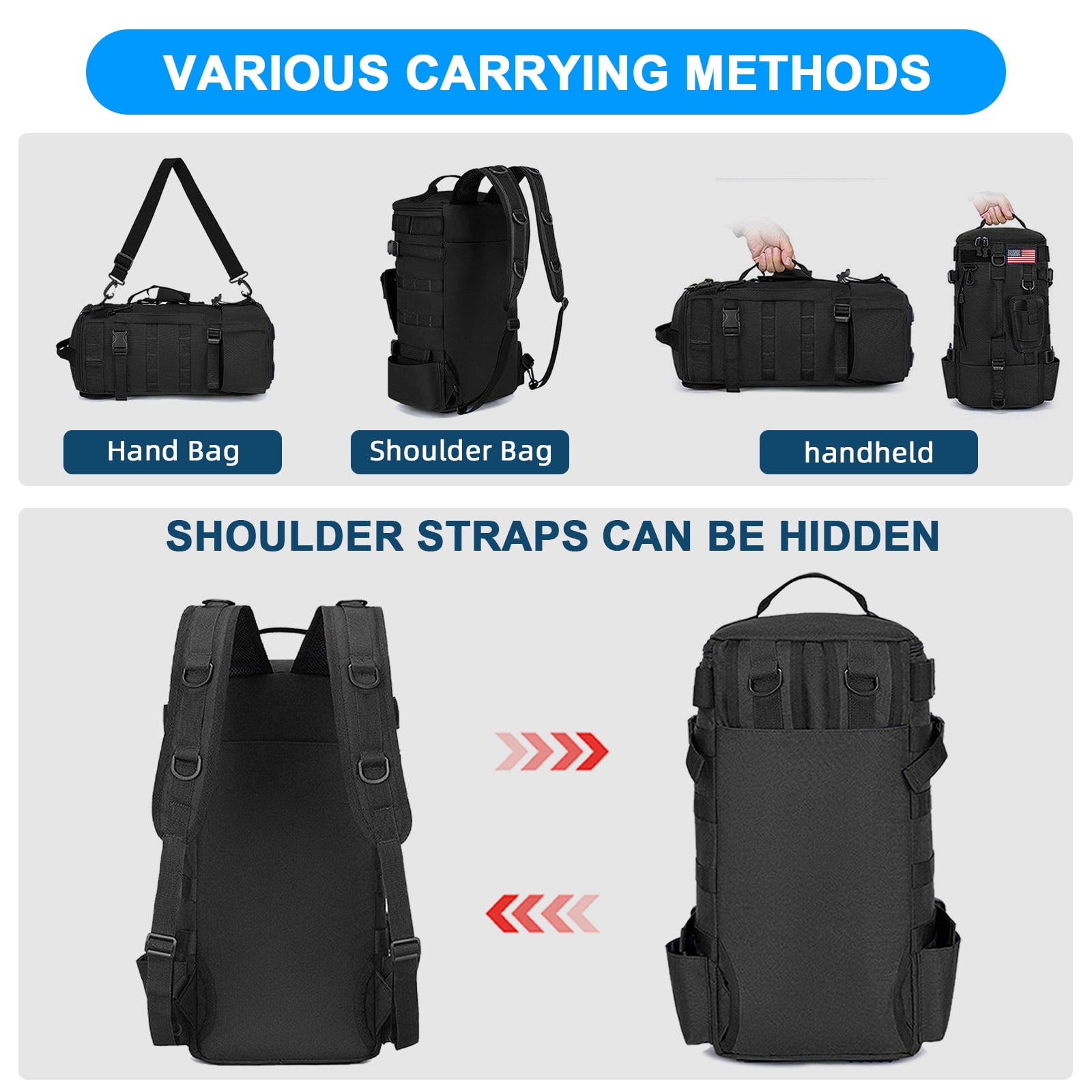 FANOTEK Fishing Backpack with Rod Holder, 600D Waterproof Outdoor Tackle Bag, Fishing Gear Tackle Box Storage Bag Black