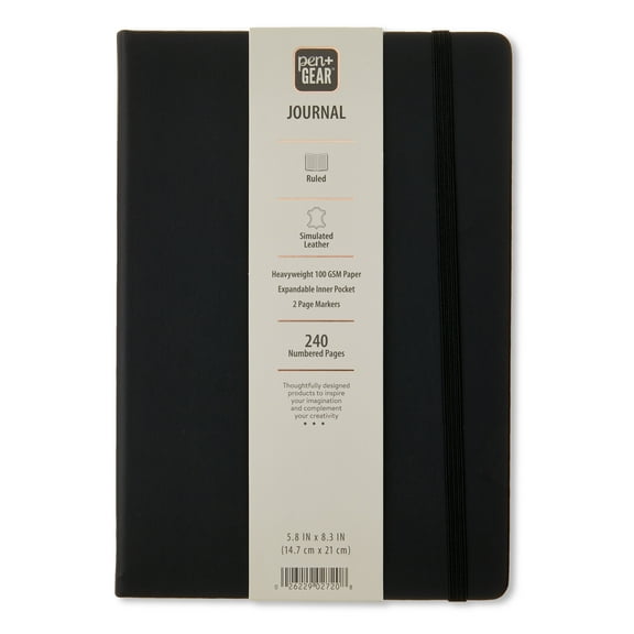Pen+Gear Simulated Leather Journal, Black, 5.8" x 8.3", 240 Ruled Pages