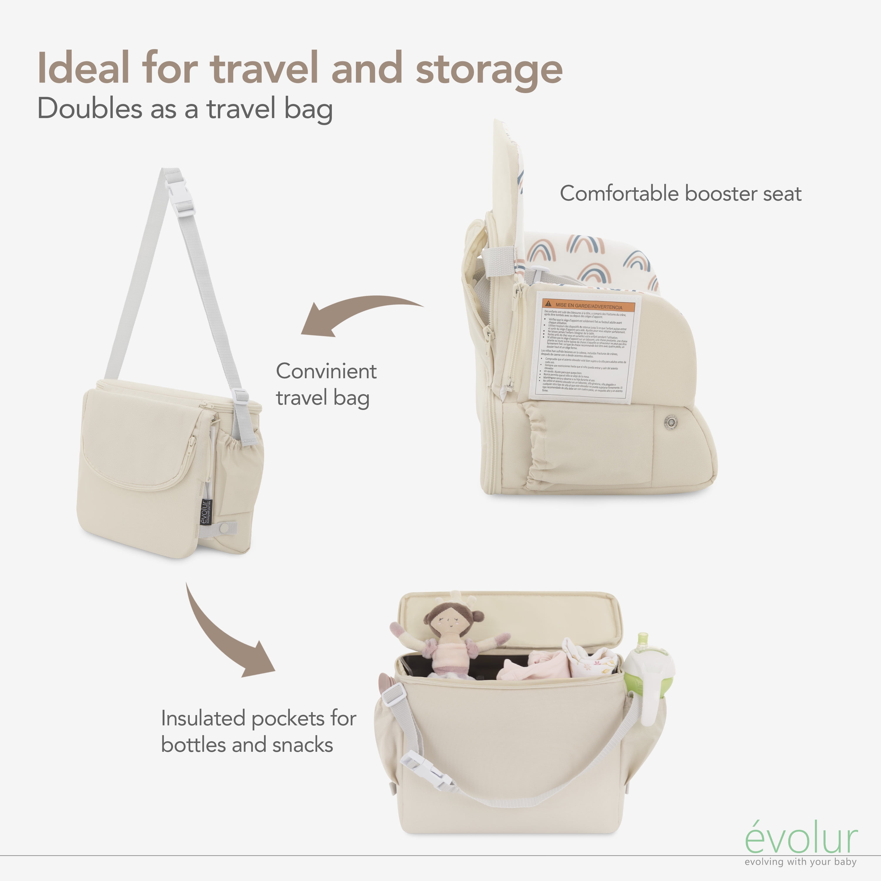 Evolur Snug Packsack 2-in-1 Portable Booster Seat and Travel Bag, Rainbow Gray