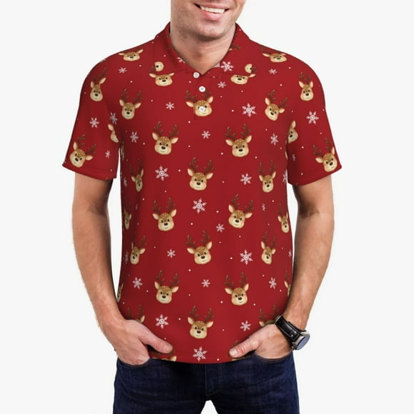 Honeii Reindeer Faces Festive Red Print Polo Shirt, A Classic Short-Sleeved, Button-Down Golf Shirt for Men,Mens Polo Shirts Short Sleeve-Large