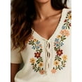 thumbnail image 4 of Short Sleeve Sweater for Women Retro Floral Mexican Embroidered Top Summer Tie Front V Neck Boho Peasant Blouse White S, 4 of 6