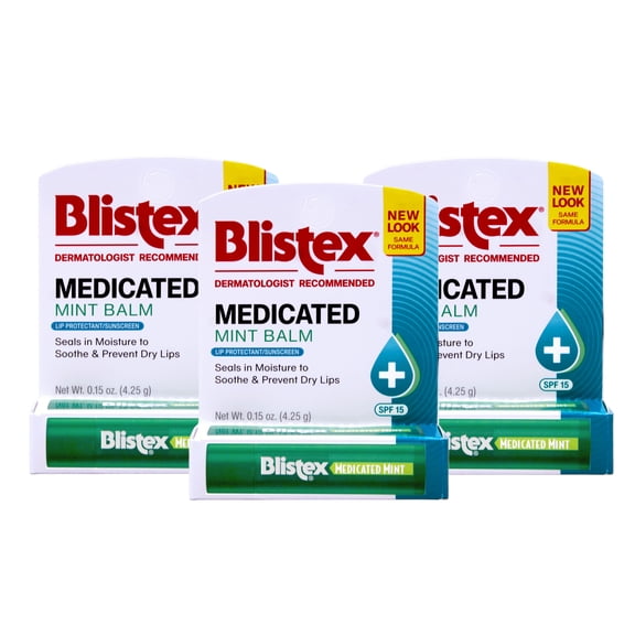3 Pack Blistex Medicated Mint Balm SPF 15 0.15 oz Each