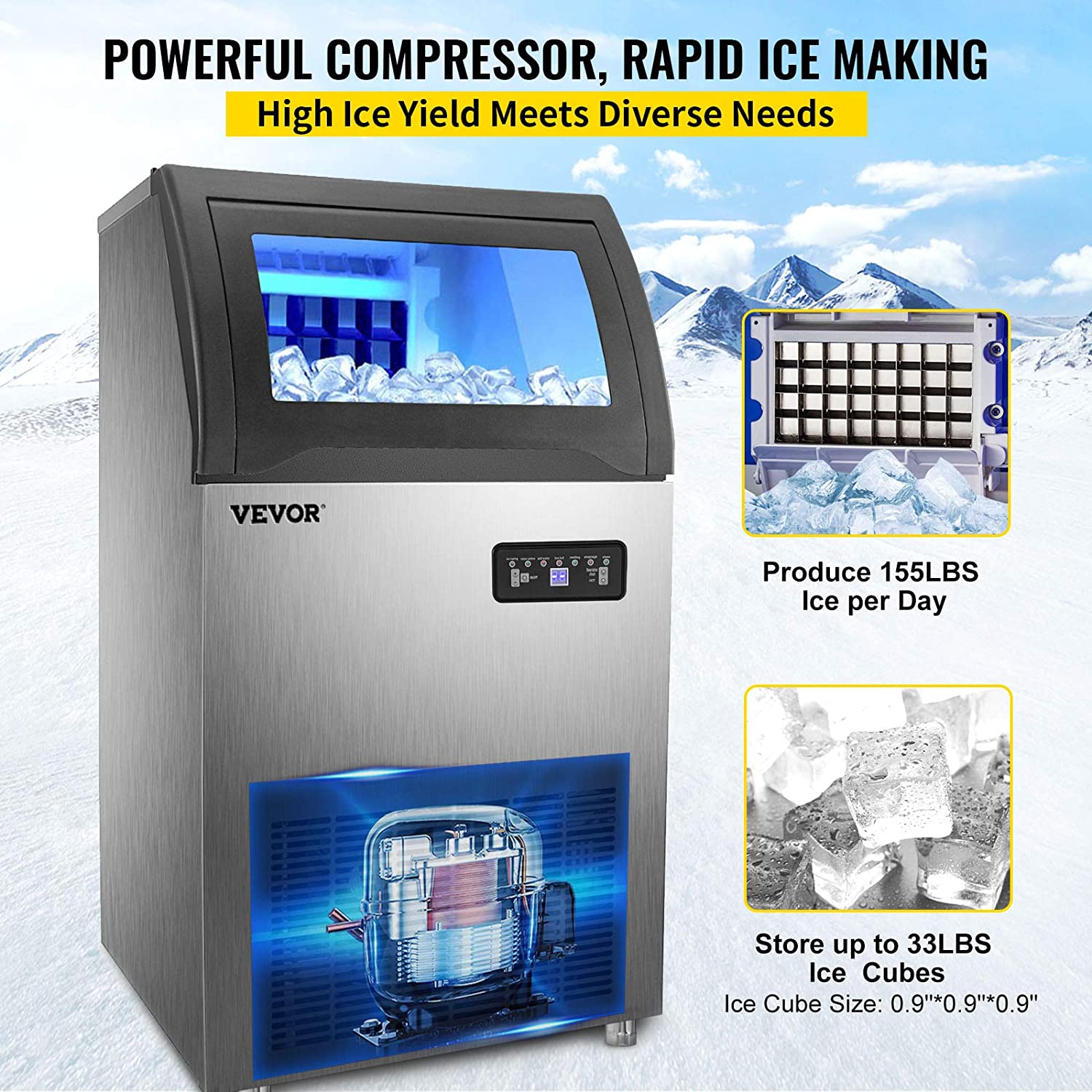 VEVOR Commercial Ice Maker 155lbs/24h,530W Commercial Ice Machine with 33lbs Storage Capacity, Stainless Steel Construction Ice Cube Making Machine, includes Water Filter and Connection Hose