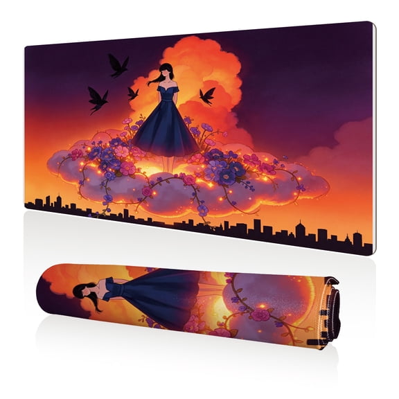 LIVEKEY Mouse Pad 80x40cm Extra Large Non Slip Stitched Durable Easy Clean Elegant Girl Sunset Cityscape Floral for Gaming Office