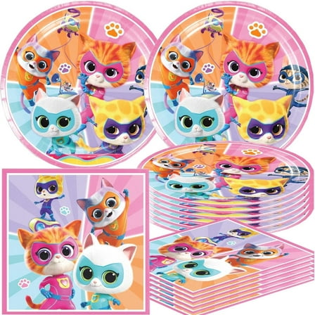 40Pcs Super Kitties Birthday Party Decorations ,Cat Theme Disposable Tableware Set Include 20pcs Paper Plates ,20pcs Napkins for the Birthday party Decoration
