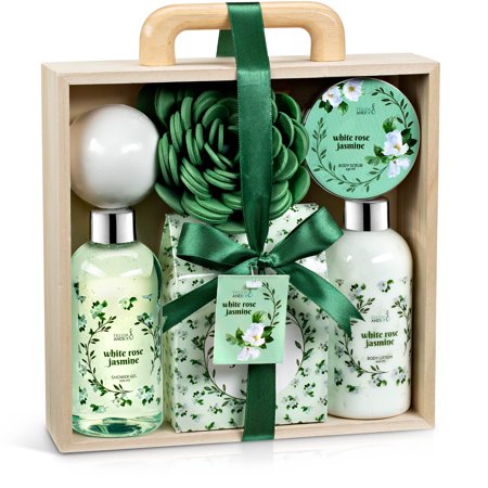 Freida and Joe Bath and Body Gift Set for Her White Rose Jasmine 7-pc Bath & Body Essential Aromatherapy Set for Women in Natural Wood Curio - Perfect Gift Basket for Women