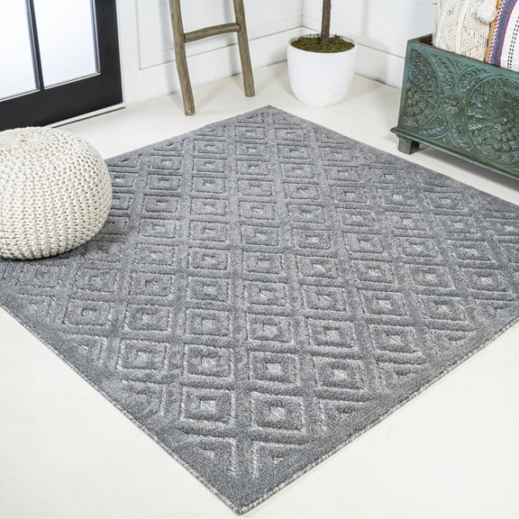 JONATHAN Y IBIZA 5' Square Area Rug, Portmany Neutral Diamond Trellis - Dark Gray, IBZ104A-5SQ