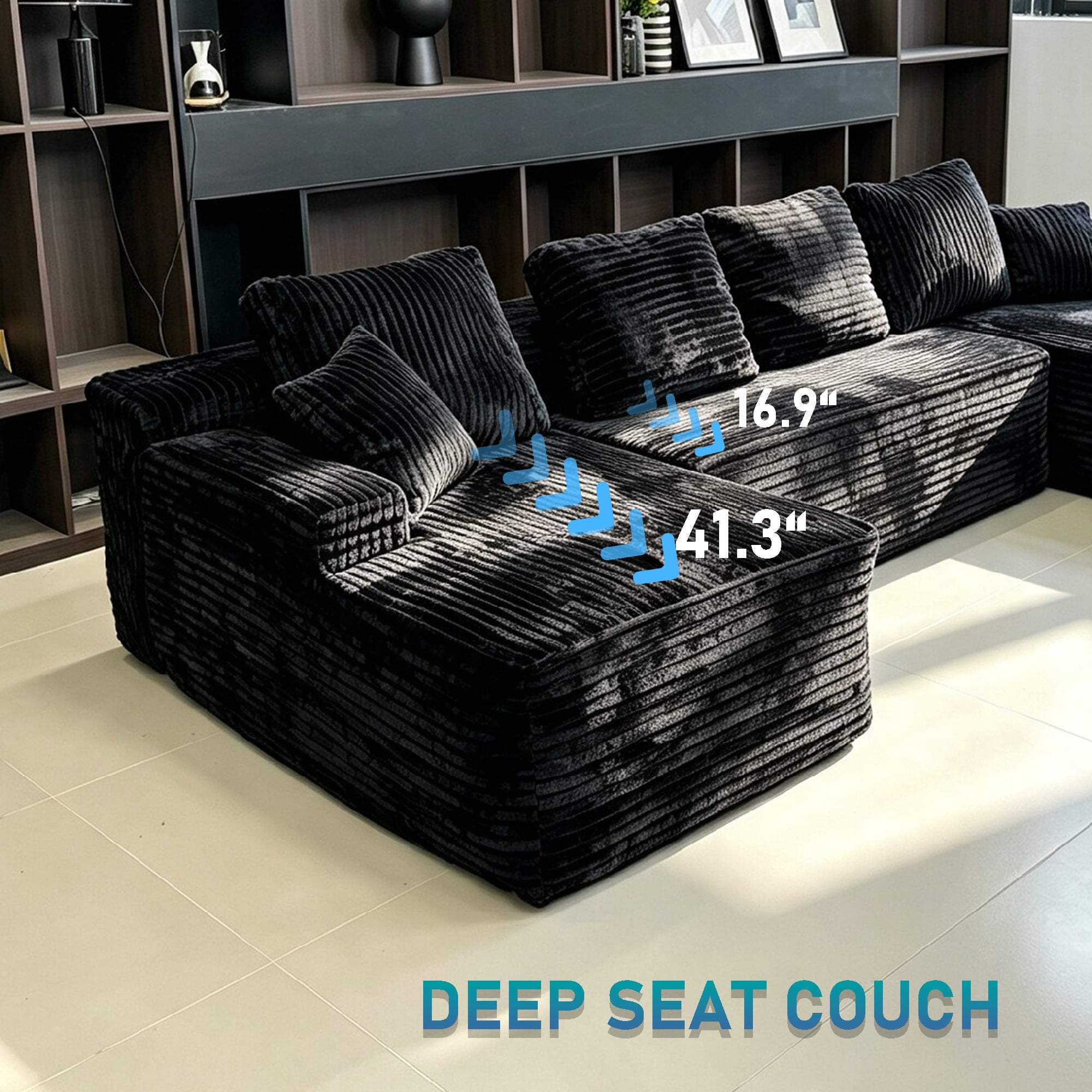 Howcool 131" U‑Shaped Modular Sectional Sofa with Deep Seat Chaise,Corduroy 4‑Seat Boneless Cloud Couch,Compressed Sofa for Living Room,No Assembly Required,Black
