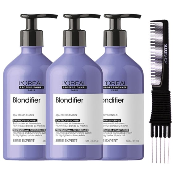 L'Oreal SerieExpert Acai Polyphenols Blondifier Conditioner For Blonde hair (16.9 oz) with SLEEKSHOP Teasing Comb Pack of 3