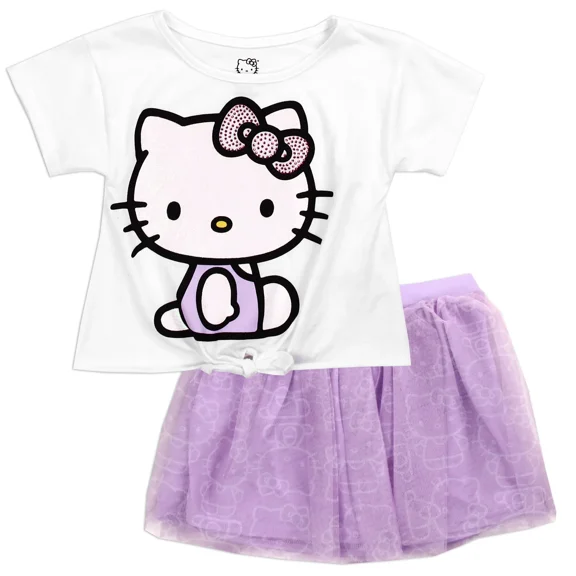 Hello Kitty Girls 2 Piece Tutu Skirt Set Glitter Bow Top Purple Skirt Girls Size 5/6