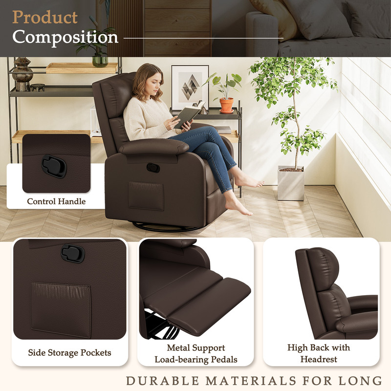Homall 360° Massage Swivel Rocker Recliner Small Rocking PU Leather Chairs with Side Pockets for Small Spaces,Brown