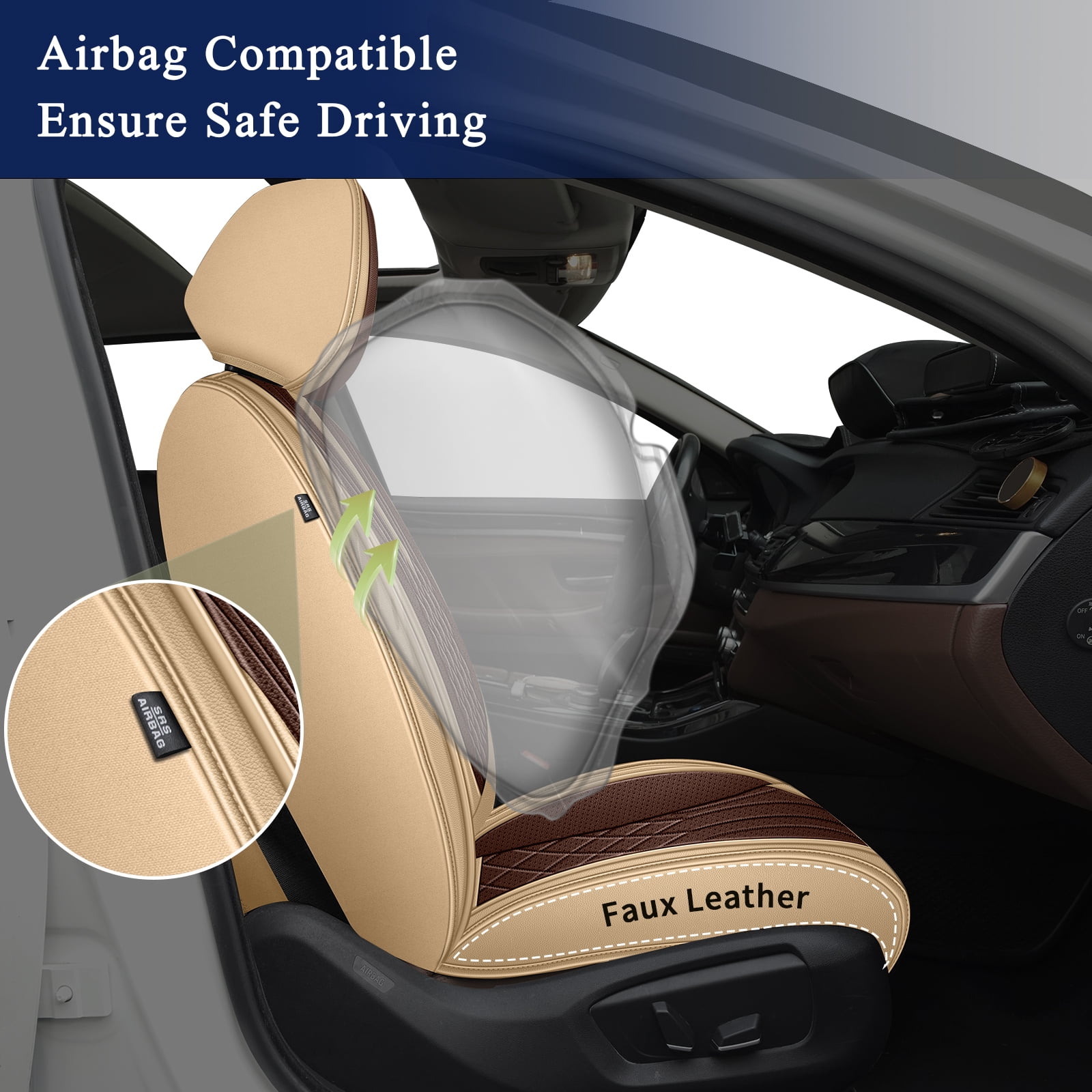 DIKSOAKR Car Seat Covers for Toyota RAV4 1998-2018, Breathable Perforated Faux Leather Seat Cover, 2 Front Seats Interior Automotive Accessories, Beige & Brown
