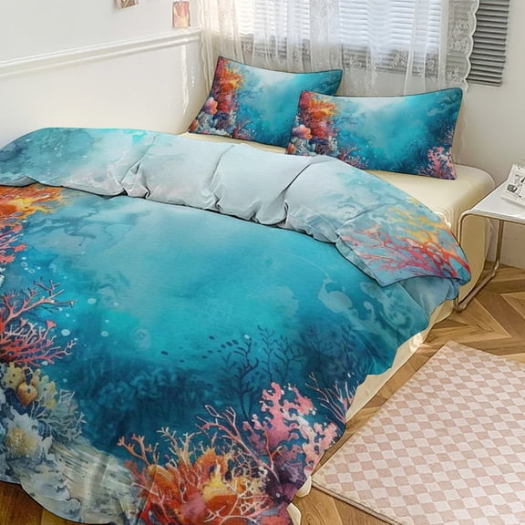 3 Pcs Soft Bedding Set, Includes 1 Duvet Cover with Zipper And 2 Pillow Shams,Watercolor Coral Reef (6) Twin(86"x70")