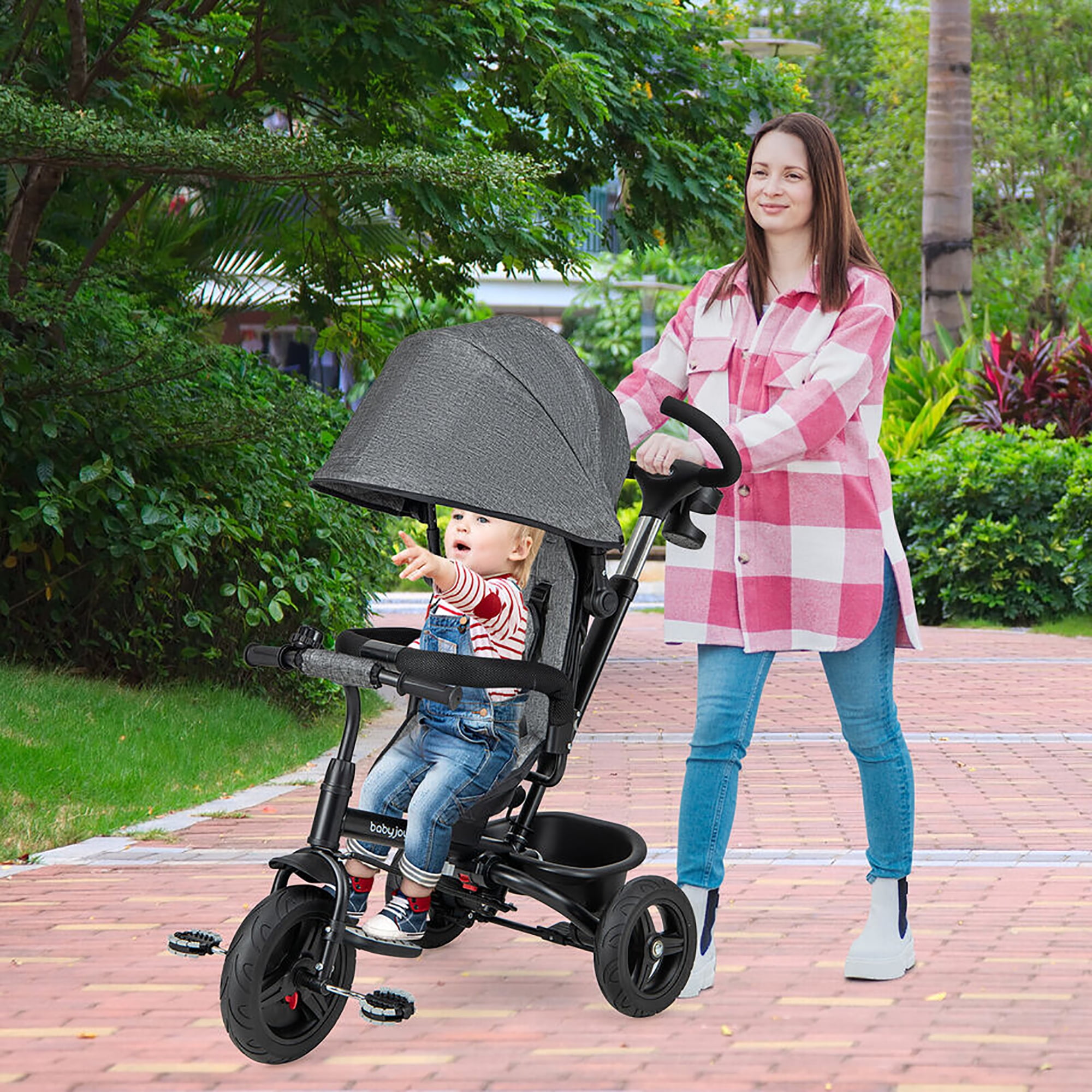 Gymax 4-in-1 Baby Tricycle Toddler Trike w/ Reversible Seat Canopy & Push Handle Gray