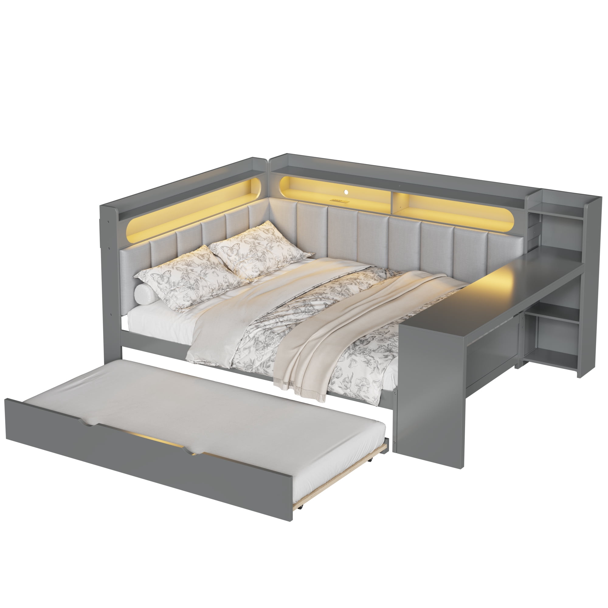 Euroco Wood Full Size Platform Bed with Upholstery Storage Headboard and Trundle, Daybed with Desk, USB Ports and LED Light, Gray