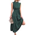 thumbnail image 1 of Vestido midi verde sofisticado para verano, sin mangas, con cinturón, estampado de lunares y cintura alta, 1 of 6