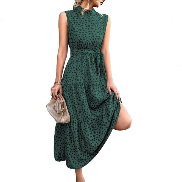 Femmes Robe d Ete Femmes Robe Debout Col Taille Haute Ceinturee pour le Travail Vert M Walmart