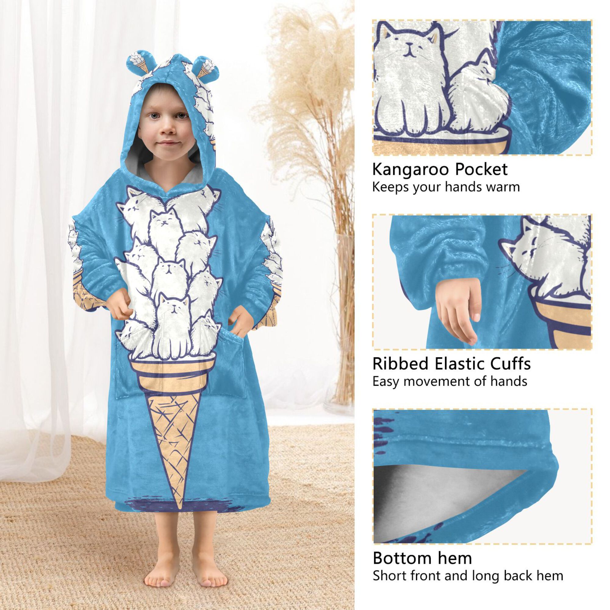 FORMRS Wearable Blanket Hoodie with Sleeves for Kids Cozy Flannel Sweatshirt, Ice Cream Cat