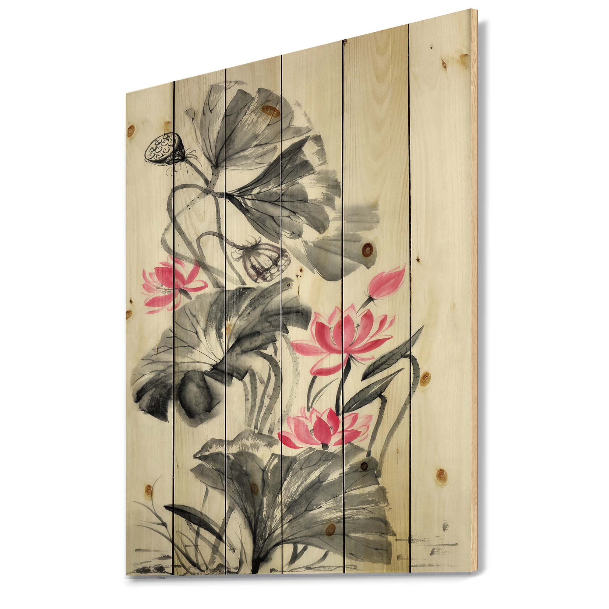 Designart 'Pink Vintage Lotus Flower and Monochrome Leaves' Traditional Print on Natural Pine Wood