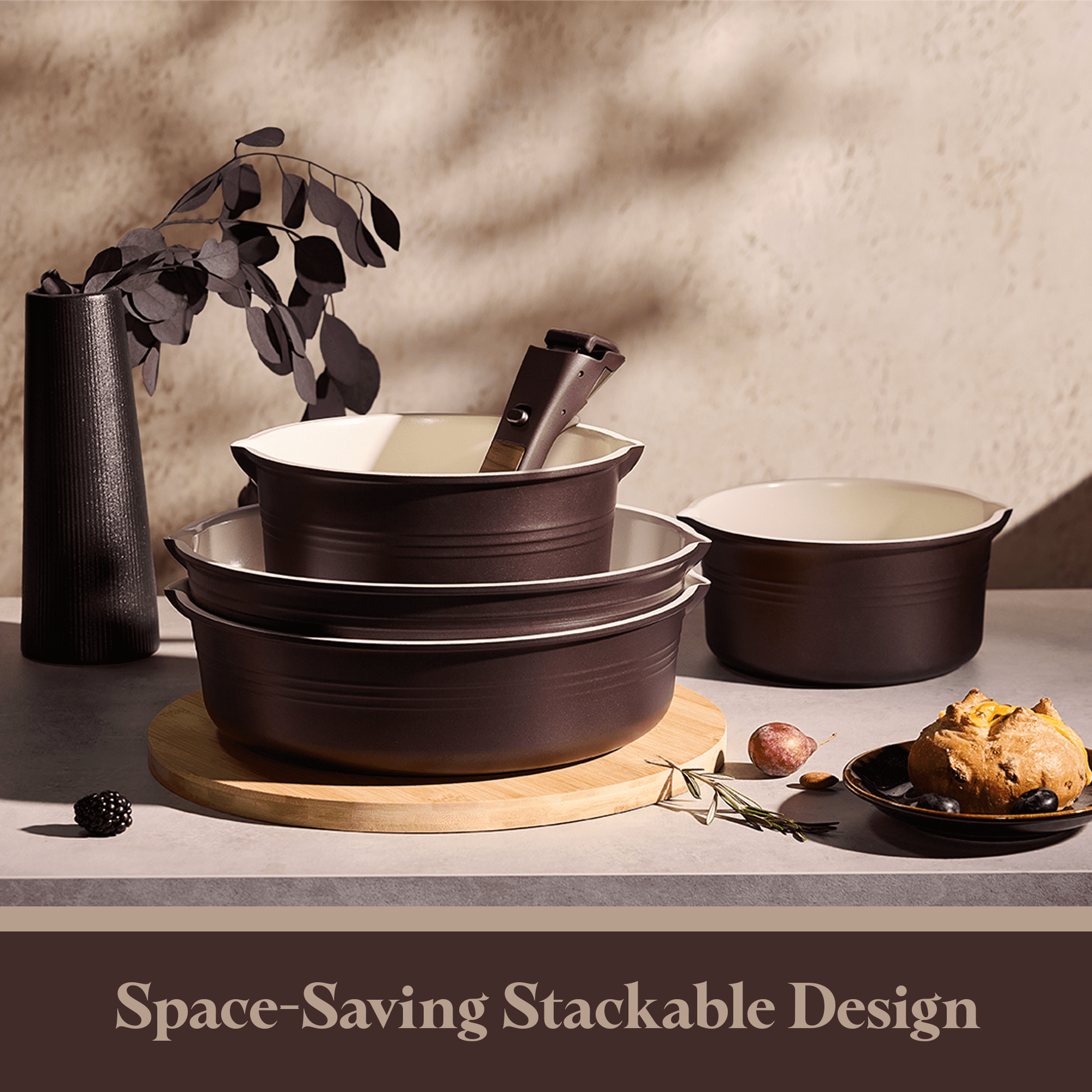 Carote 22 Pcs Ceramic Cookware Set, Pots and Pans with Detachable Handles, Oven Safe, Induction Cookware, Stackable Kitchen Cooking Set, Brown
