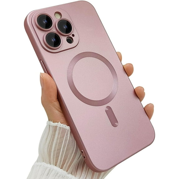 Magnetic Case for iPhone 15 Pro Max Phone Case for Women, Matte Luxury Soft Metallic Luster Design with Camera Lens Protector, Compatible with Magsafe Case for iPhone 15 Pro Max 6.7"-Pink