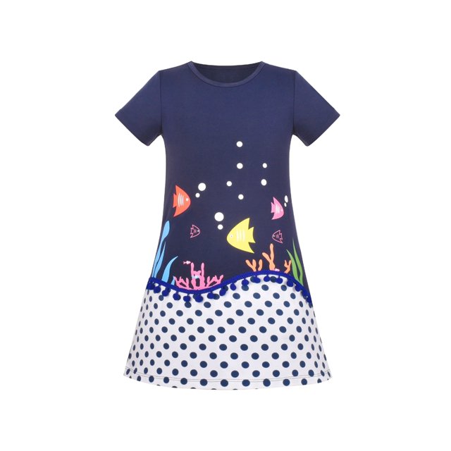 Robe Fille Ligne A Coton Poisson Point Bleu Mer Océan Manches Courtes 4 Ans
