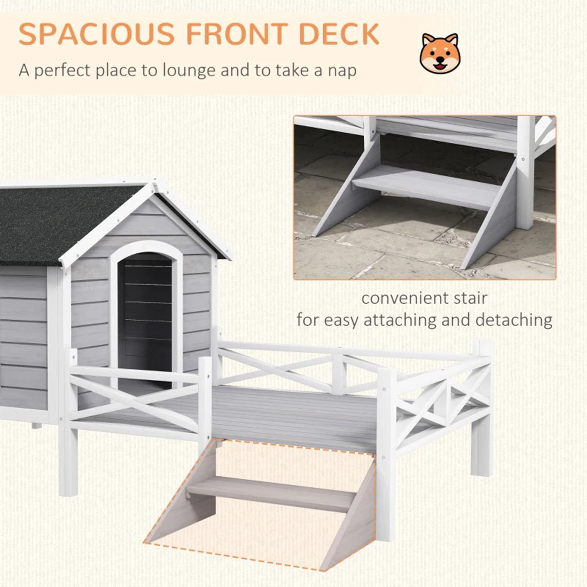 Pefilos 66" Large Wood Dog House with Porch for Small/Medium Dogs, Pet Shelter Pet Bunny House Outdoor Cat House, Gray