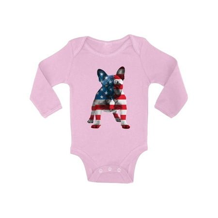 

Awkward Styles Baby USA Flag French Bulldog Cute Graphic Baby Long Sleeve Bodysuits Tops 4th Of July Party Pet Lover
