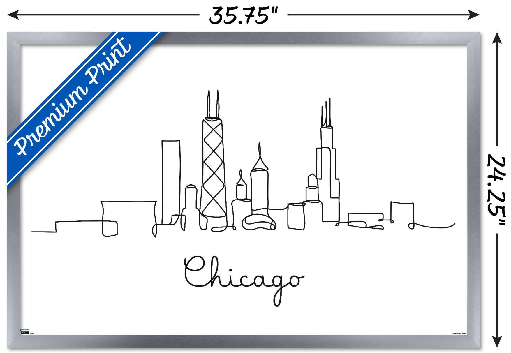 Line Art Skyline - Chicago Wall Poster, 22.375" x 34", Framed
