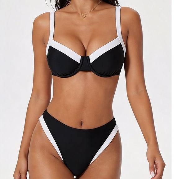 Xdegoge Bikini Sets for Women Underwire Push Up Top High Cut Bottom Two Piece Bathing Suits Contrast Trim Color Block Smooth Flattering Pool Party